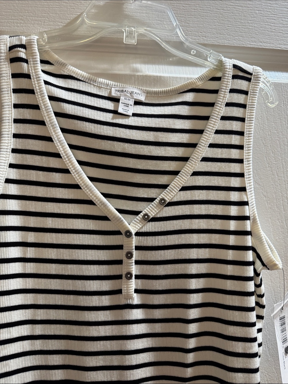 Tribal Jeans Women's Black & White Striped V-Neck ribbed tank